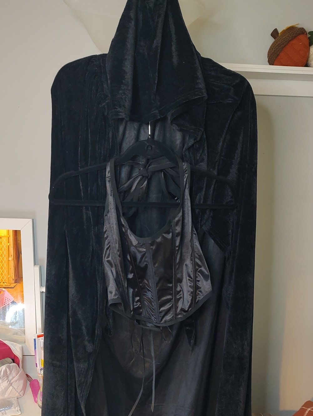 Black Crushed Velvet Women's Cape And Black Satin Bustier